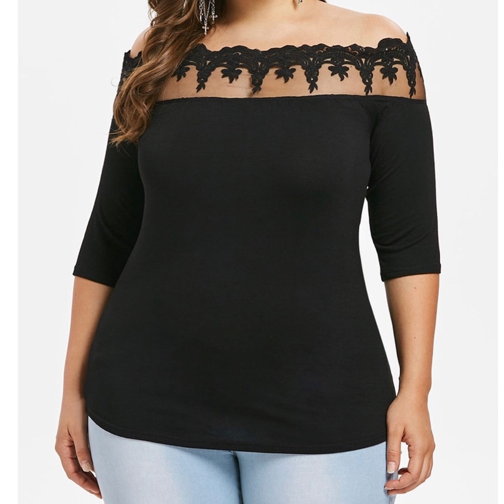 Black off shoulder lace trimmed blouse